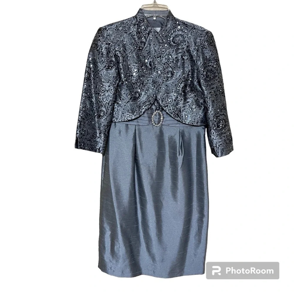 David’s Bridal 2-Piece Dress Set Gray Sequin Jacket Sleeveless Dress Size 6